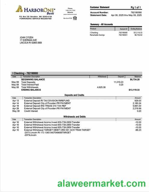 USA HarborOne Bank account statement Word and PDF template